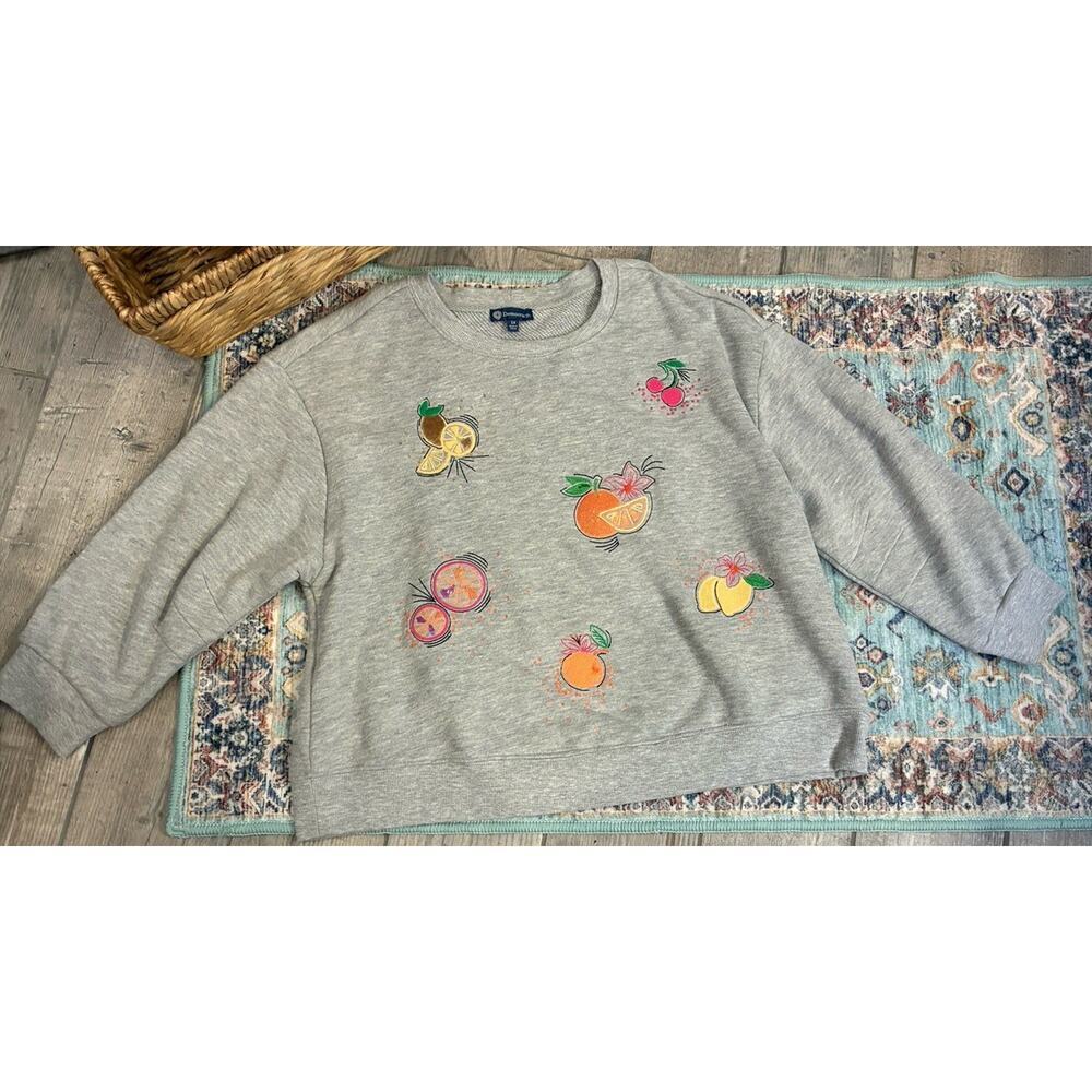Democracy Heather Gray Fleece Pullover Fruit Embroidery 1X 3/4 Sleeve